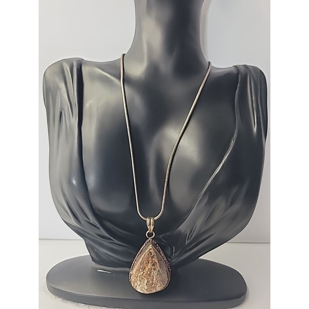 925 Sterling Silver Jasper Teardrop Pendant Necklace Brown Stone Boho Artisan